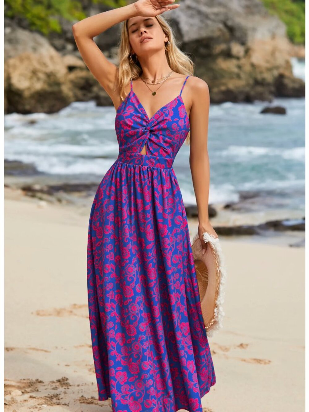 Cupshe Blue & Red Floral Tie Front Midi Dress Cutout Back Size M